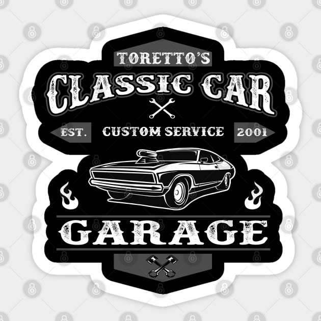Toretto's Classic Car Garage Sticker by Alema Art
